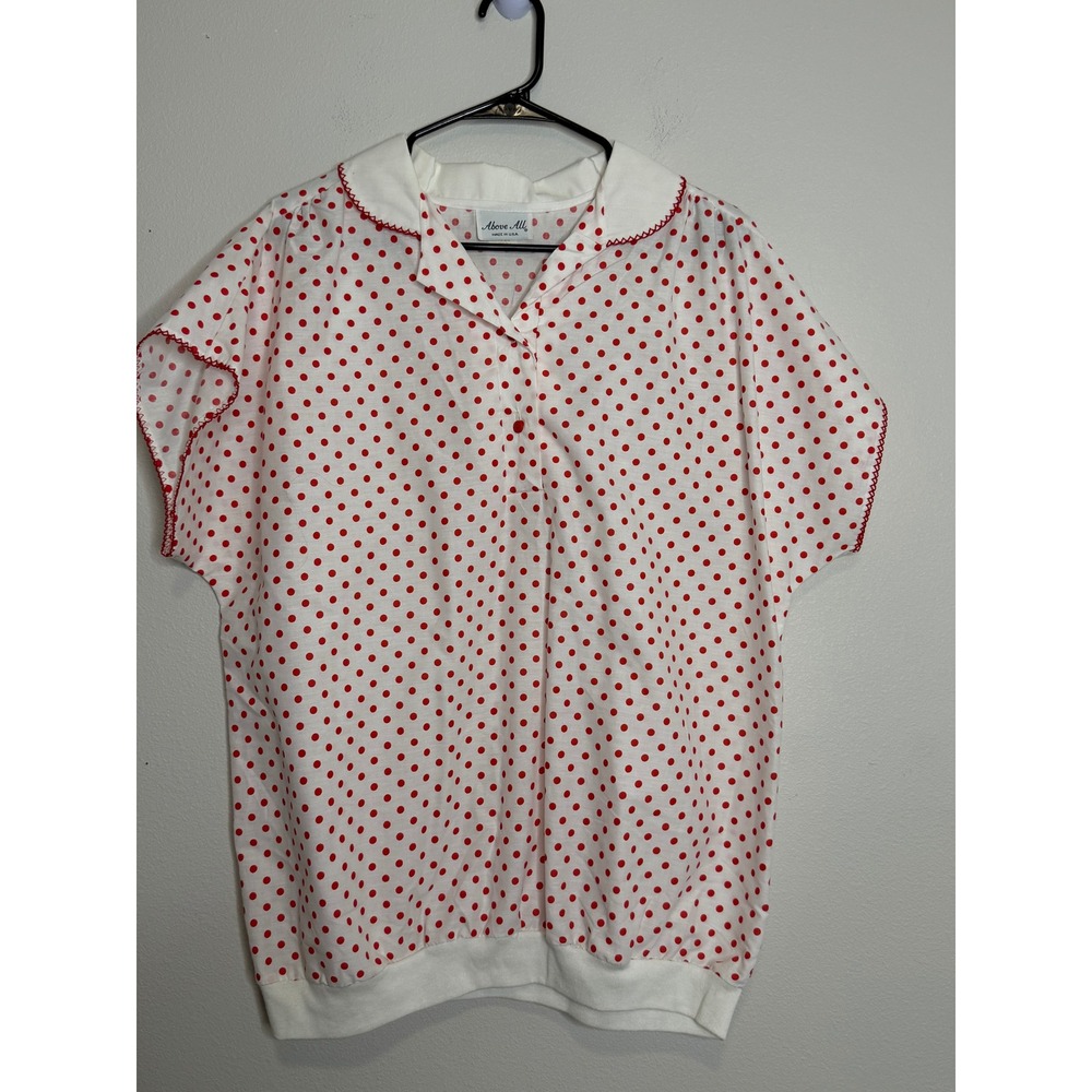 Above All Vintage Polka Dot Blouse White Red Short Sleeve Button Up Top Size 38